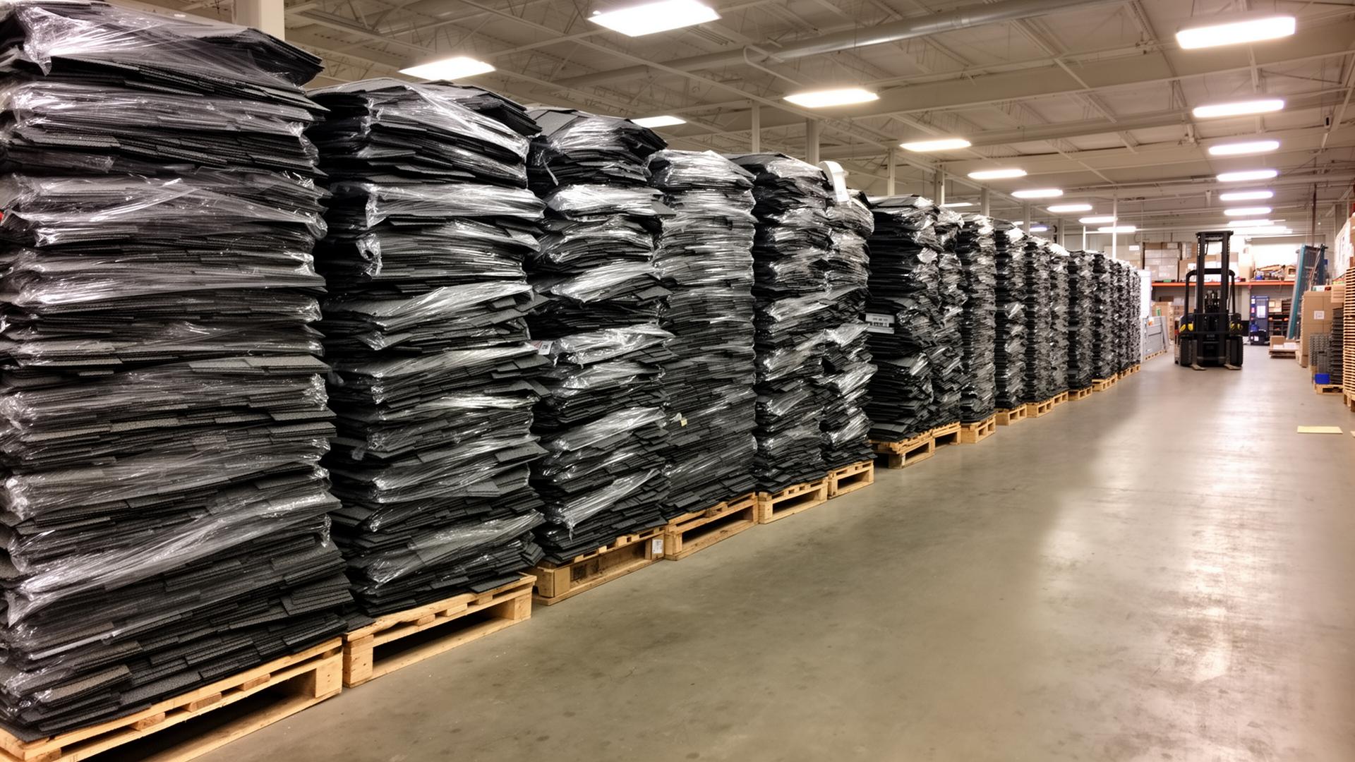 Stacks of architectural shingle bundles on pallets in the Ogden warehouse